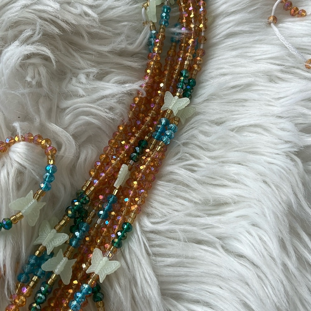 COPY - Waist beads TIE ON. Blue green butterflies